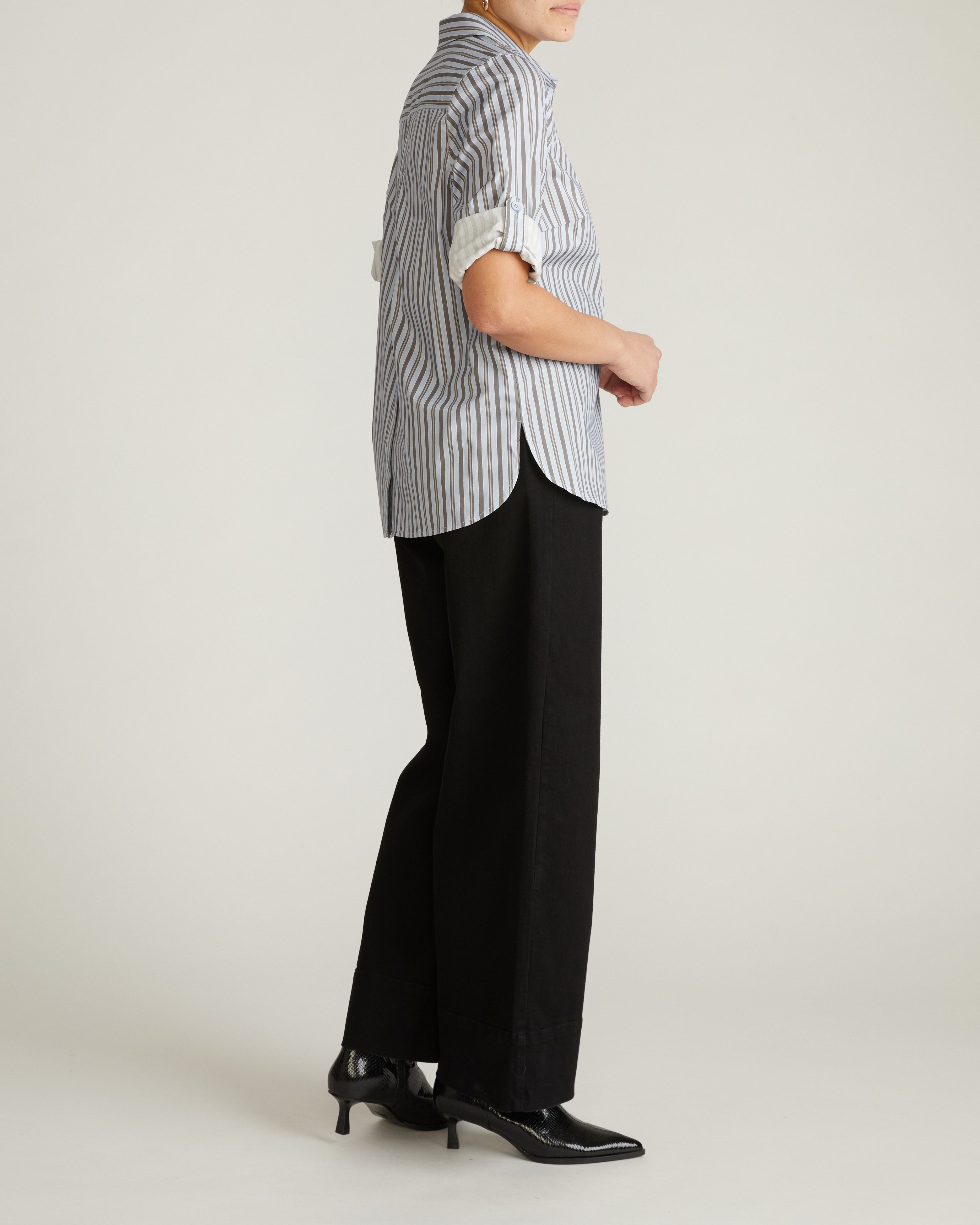 Button Back Poplin Polo Shirt - Smokey Blue Stripe