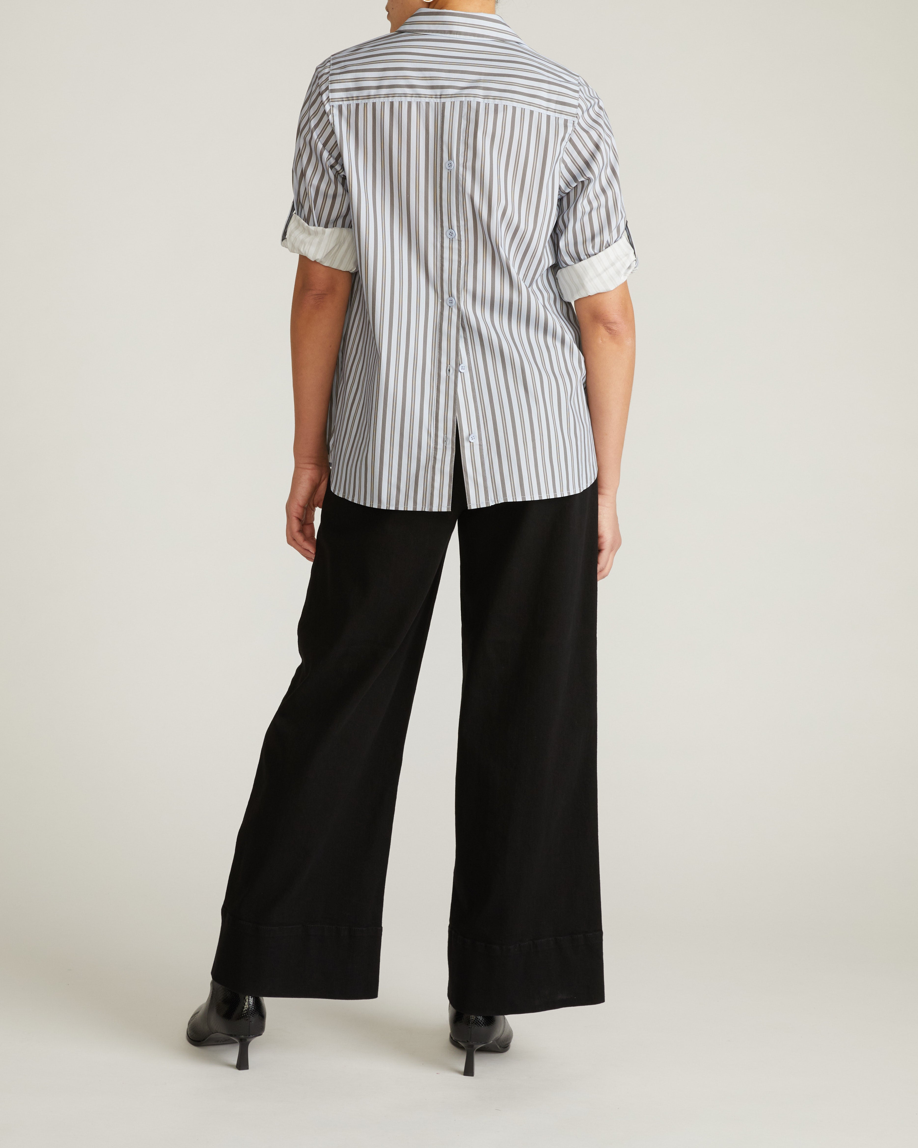 Button Back Poplin Polo Shirt - Smokey Blue Stripe