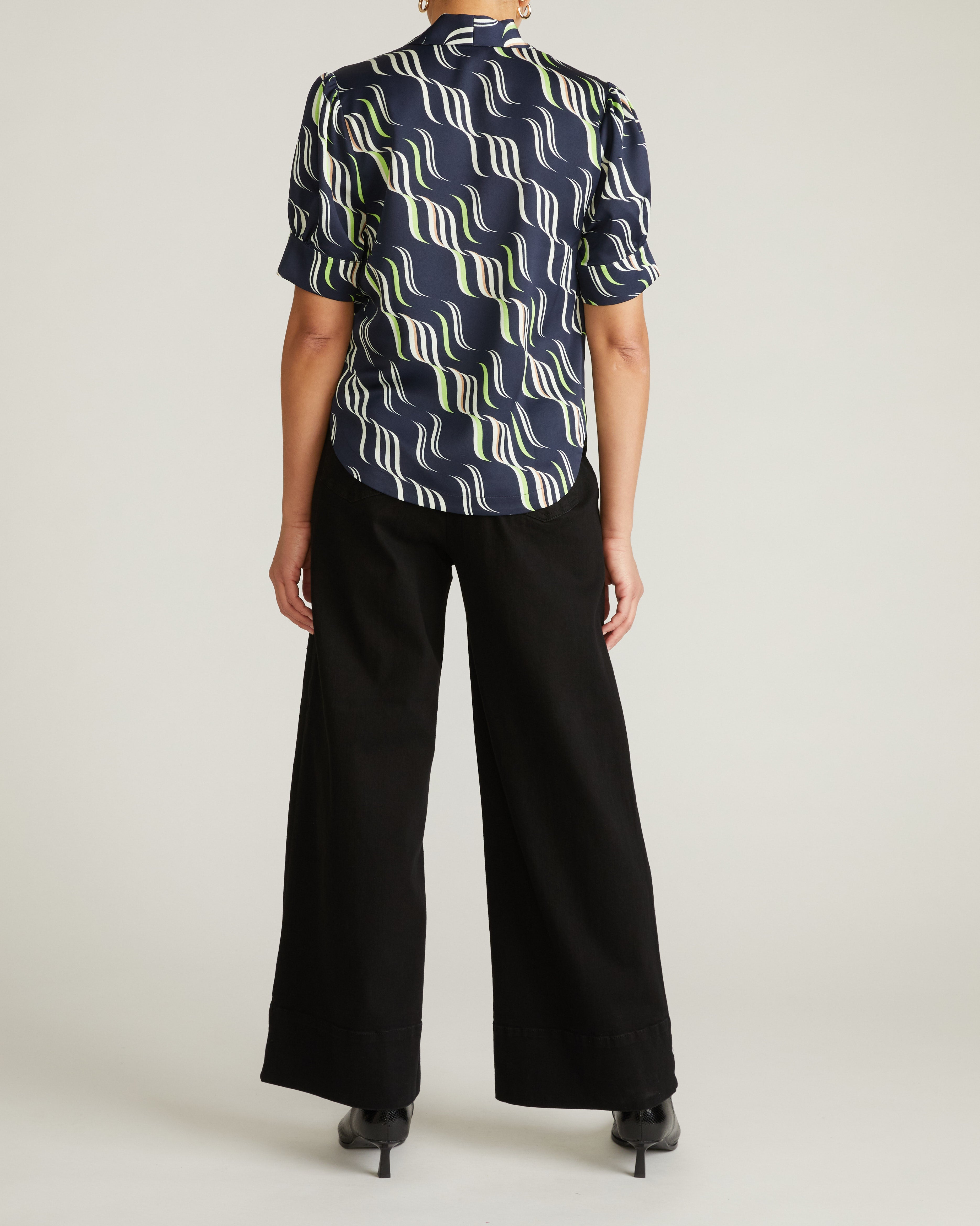 Beatrice Soft Satin Short Sleeve Top - Paddington Ribbon Print