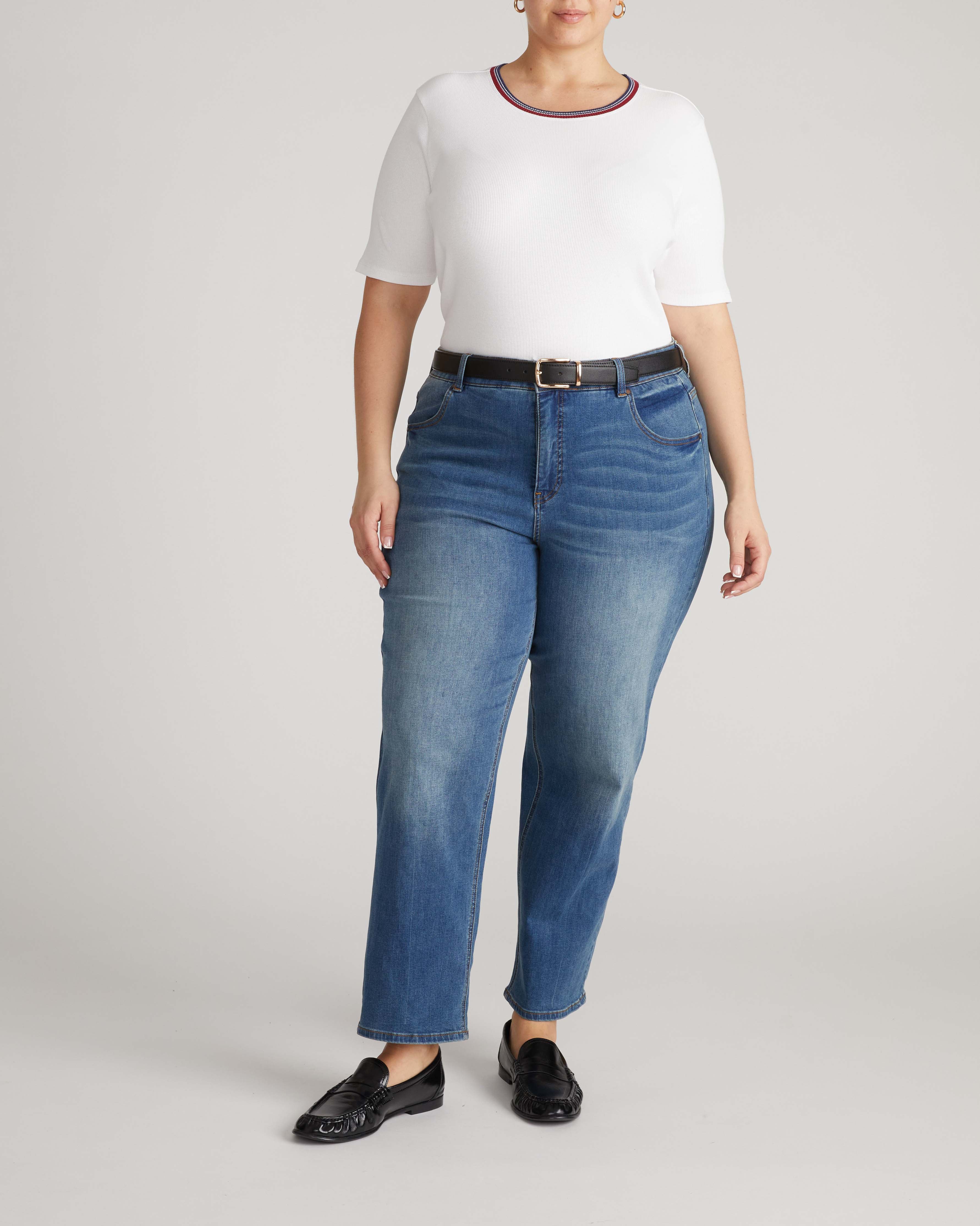 Classic Ribbed Tee - White/Striped Trim