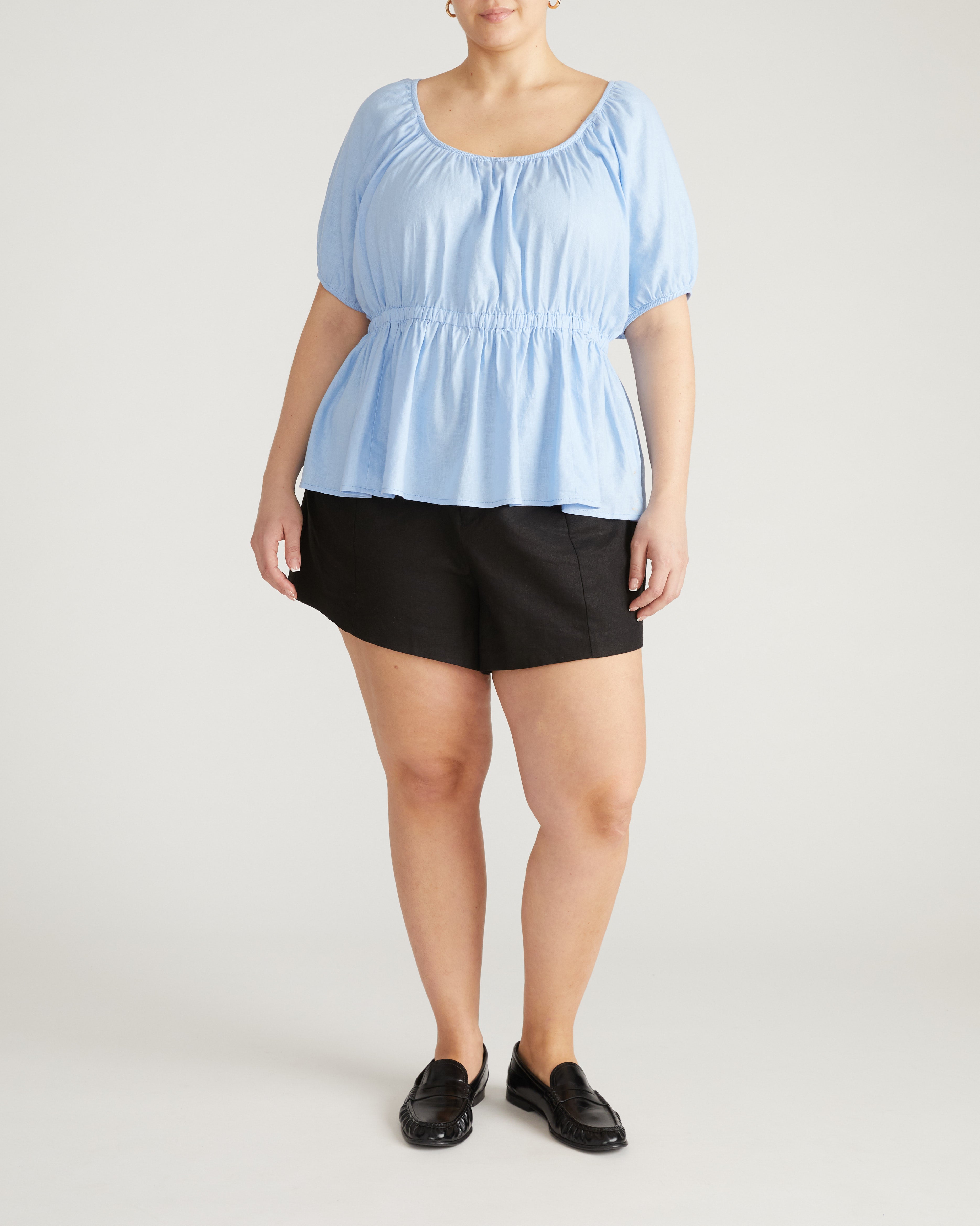 Andrea Peplum Linen Blend Top - Cielo Blue