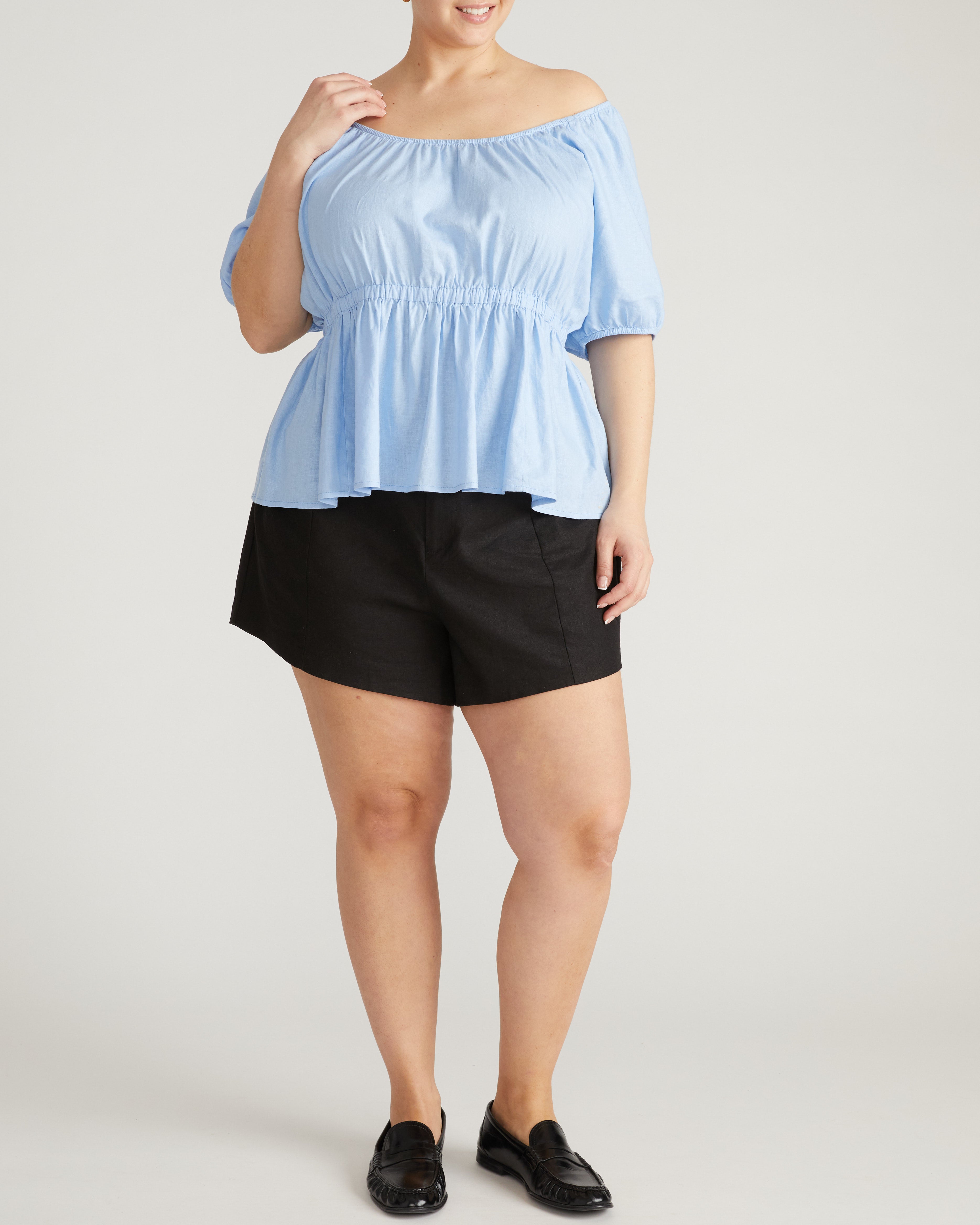 Andrea Peplum Linen Blend Top - Cielo Blue