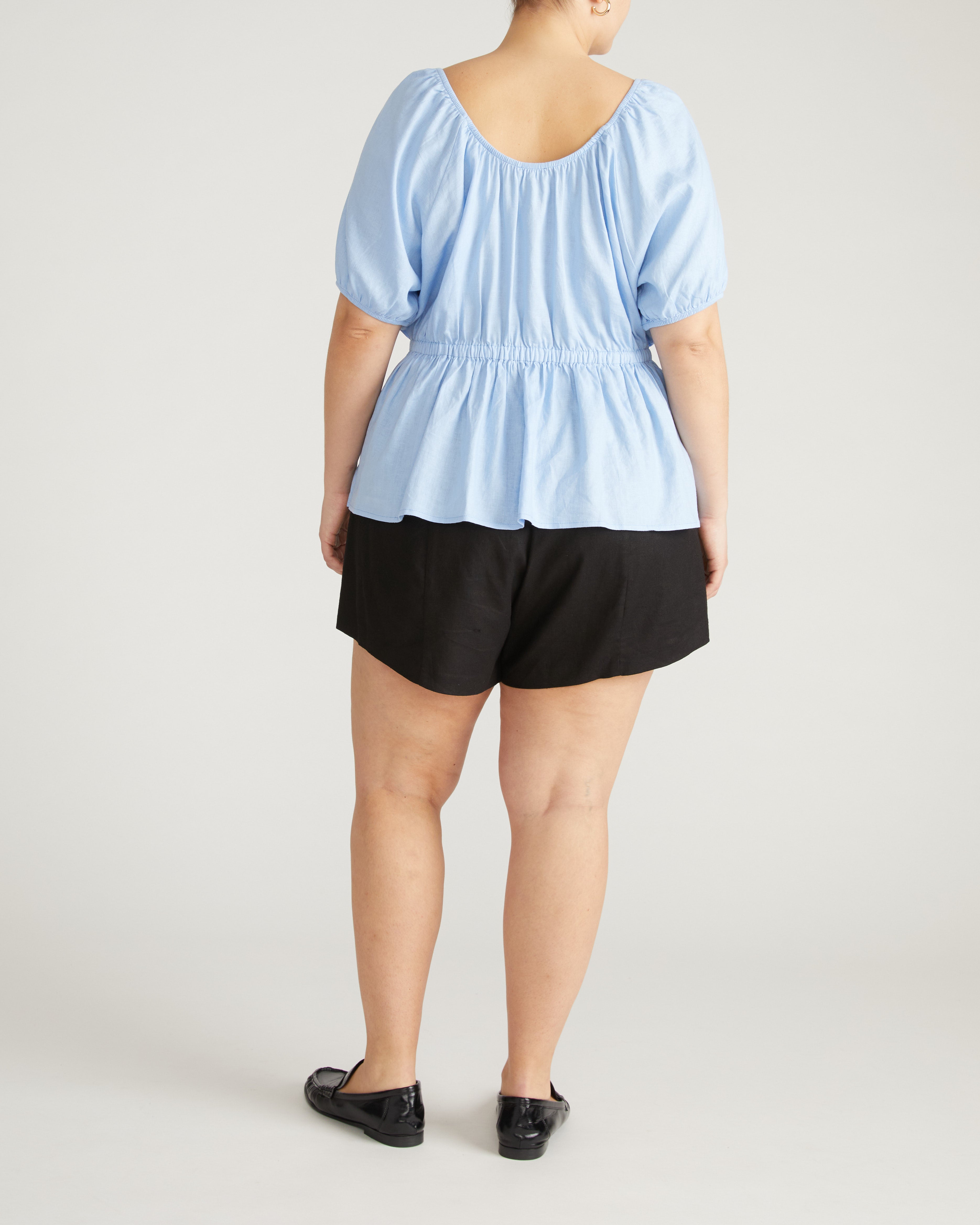 Andrea Peplum Linen Blend Top - Cielo Blue