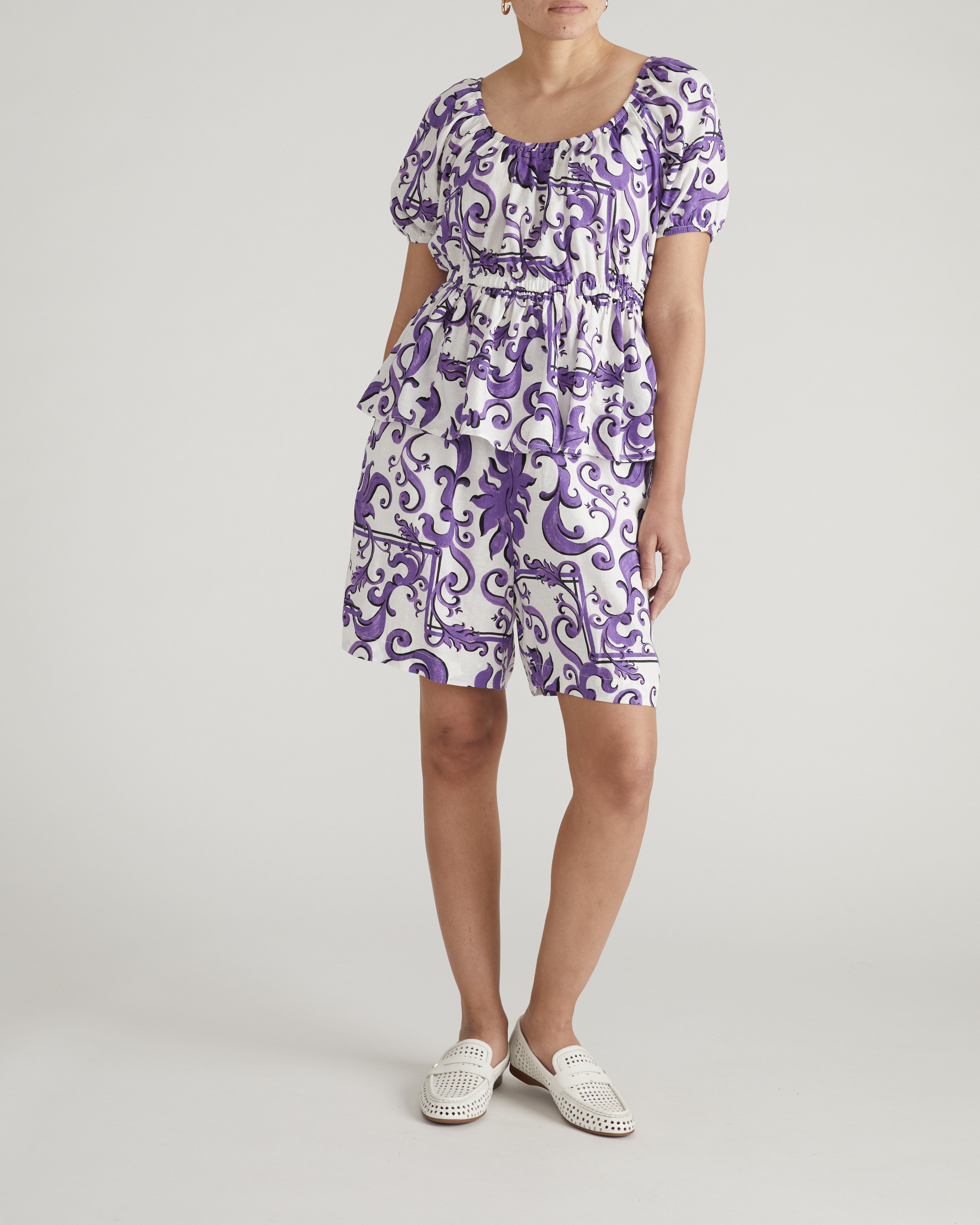 Andrea Peplum Linen Blend Top - Purple Majolica Print