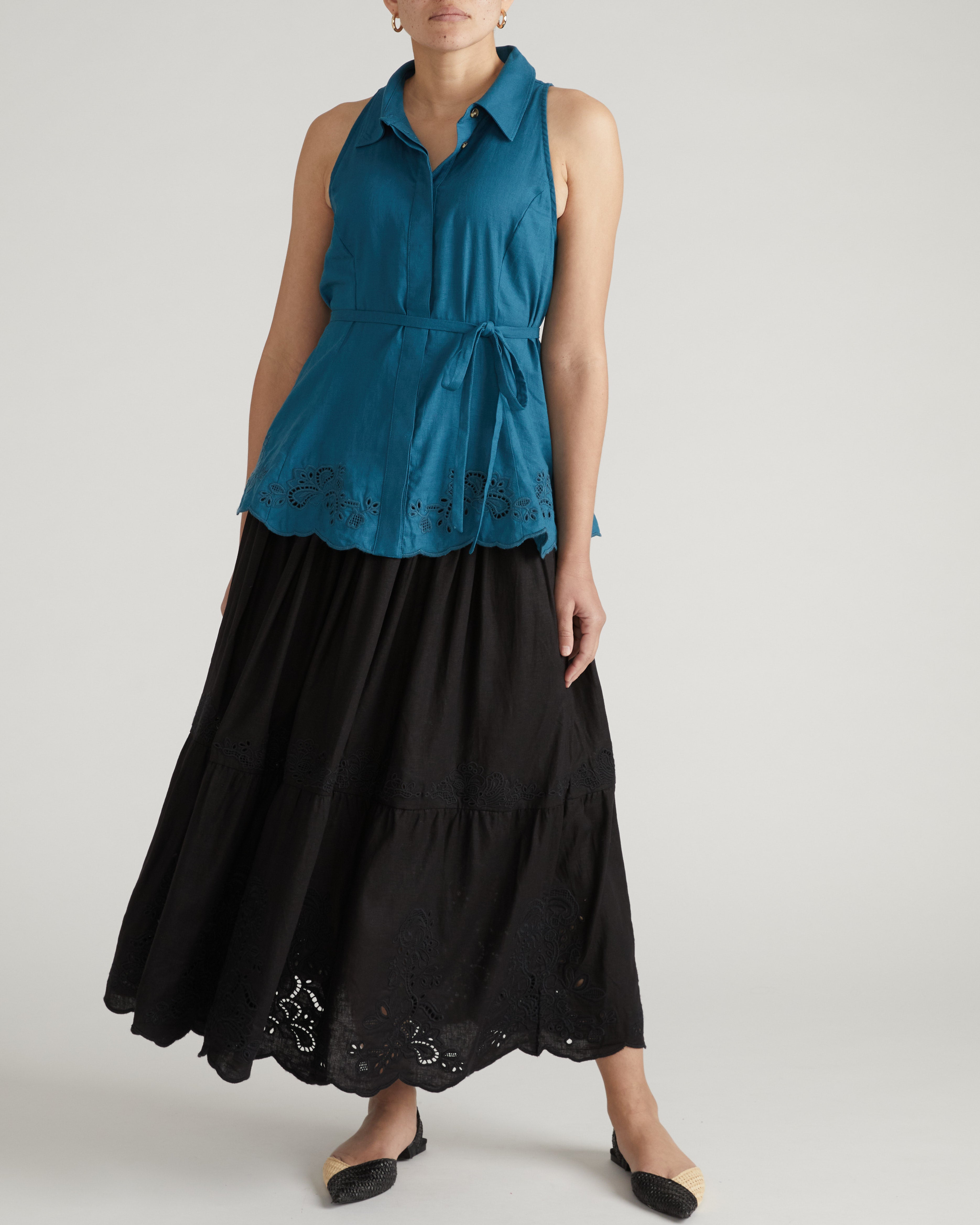 Adelaide Embroidered Sleeveless Linen Blend Shirt - Ink Blue