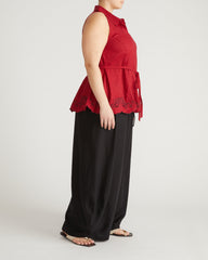 Adelaide Embroidered Sleeveless Linen Blend Shirt - Vibrant Red