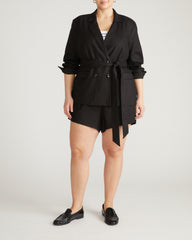 Belted Double Breasted Linen Blend Blazer - Black