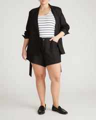 Belted Double Breasted Linen Blend Blazer - Black