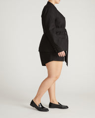 Belted Double Breasted Linen Blend Blazer - Black