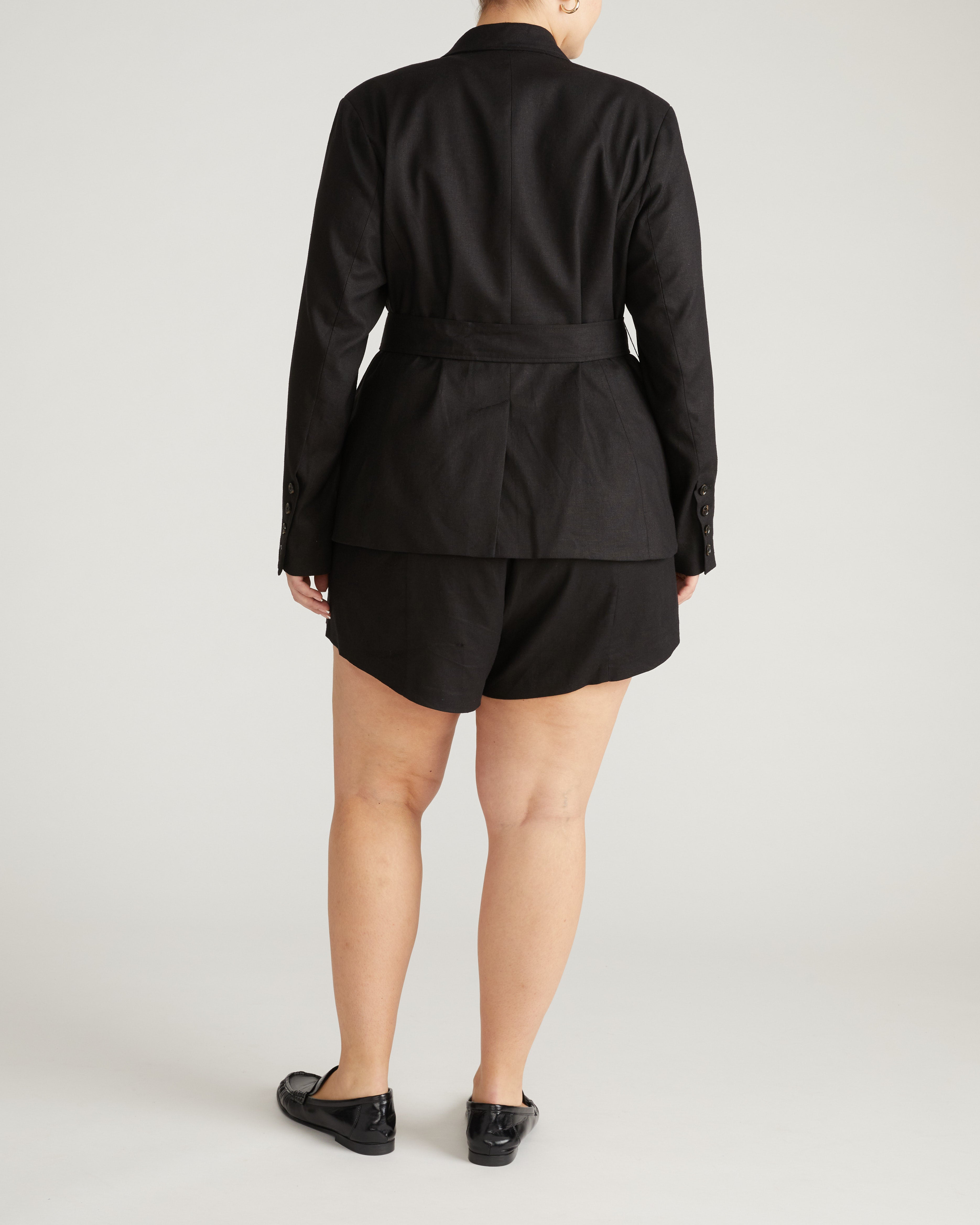 Belted Double Breasted Linen Blend Blazer - Black