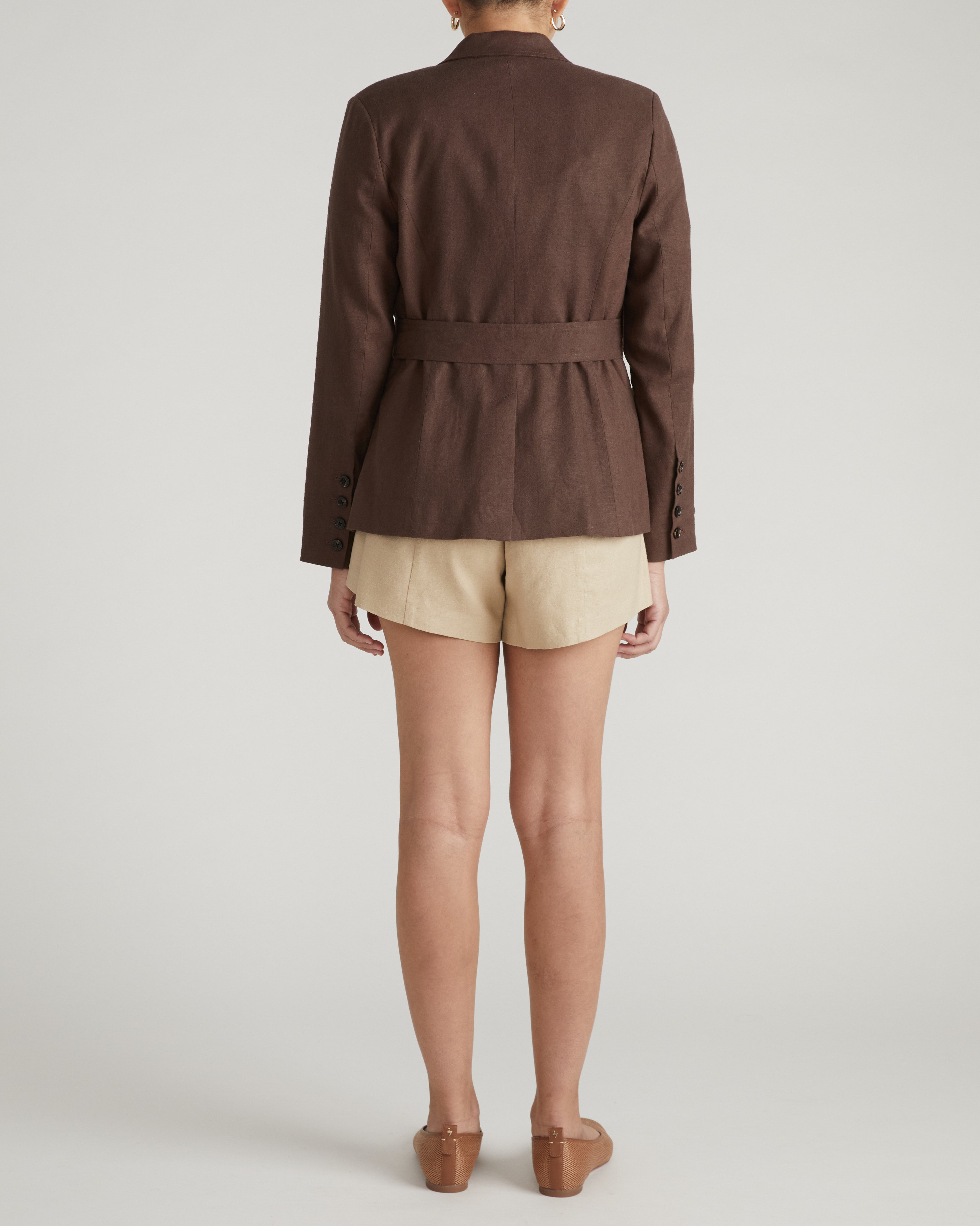 Belted Double Breasted Linen Blend Blazer - Sophisticated Brown