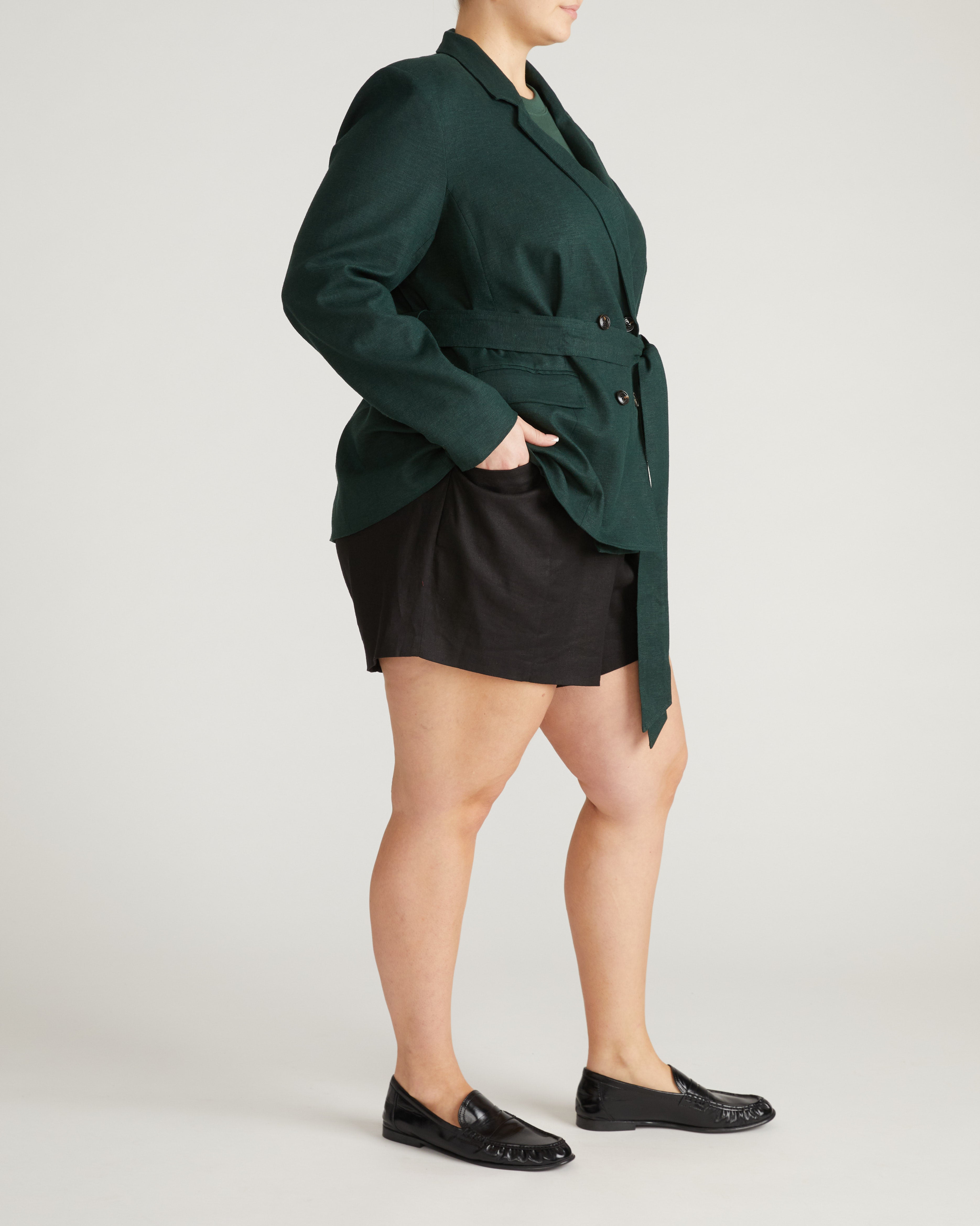 Belted Double Breasted Linen Blend Blazer - Forest Green