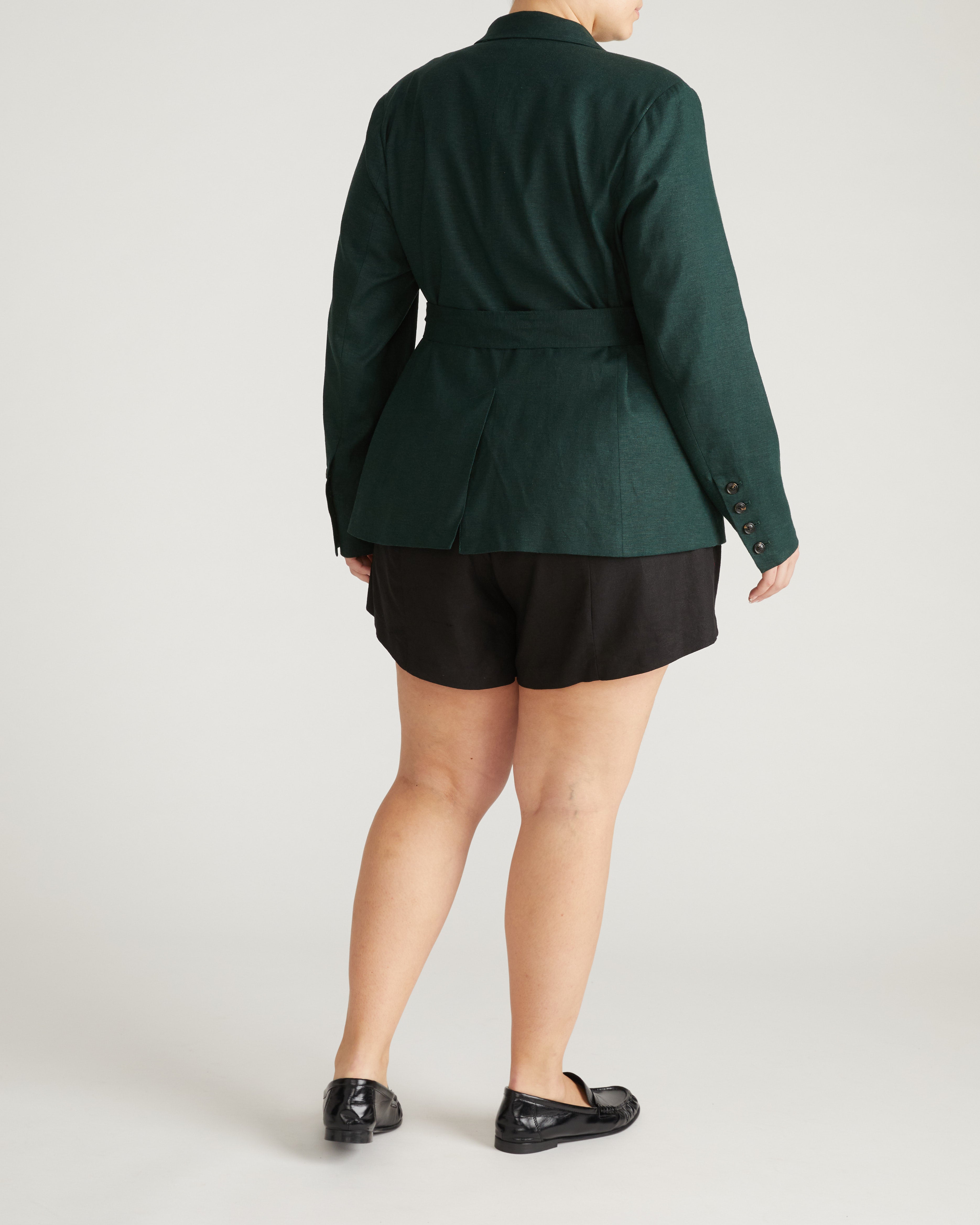 Belted Double Breasted Linen Blend Blazer - Forest Green